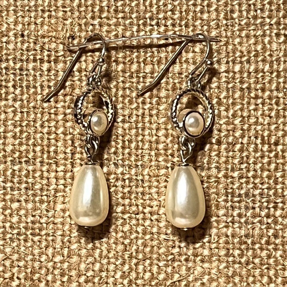 Silvertone & Faux Pearl Pierced Earrings 1.5 Inch Long Classy Teardrop Dangles